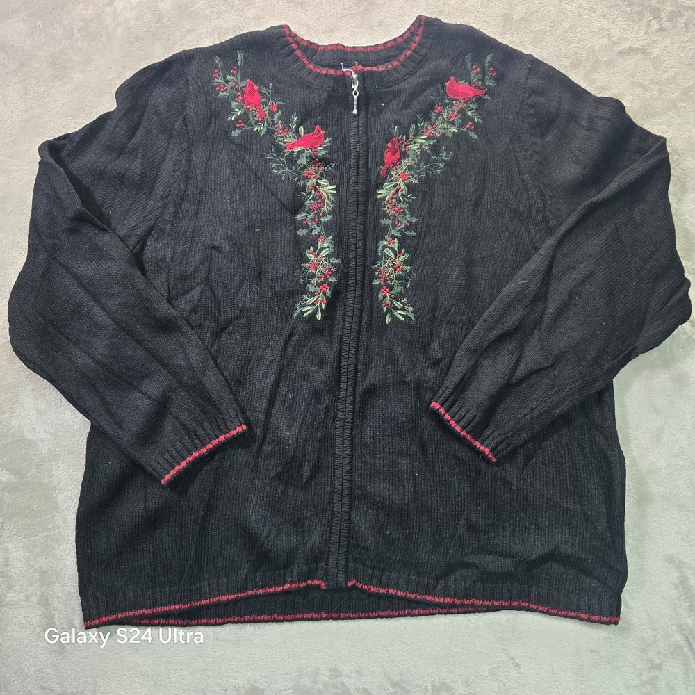 Croft & Barrow Full Zip Sweater Cardigan Womens 2X Black Embroidered Cardinals
